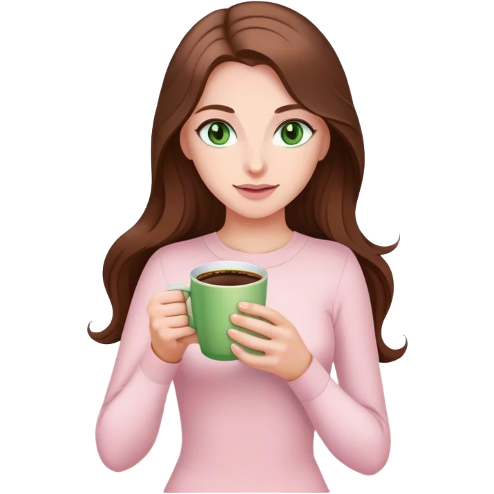 pretty woman with very long brown hair and green eyes and light pink outfit with a coffee emoji