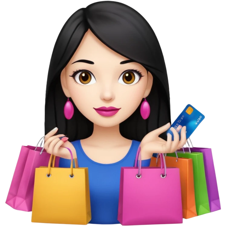 Girl with long black hair and pink lipstick, brown eyes holding shopping bags and credit card emoji