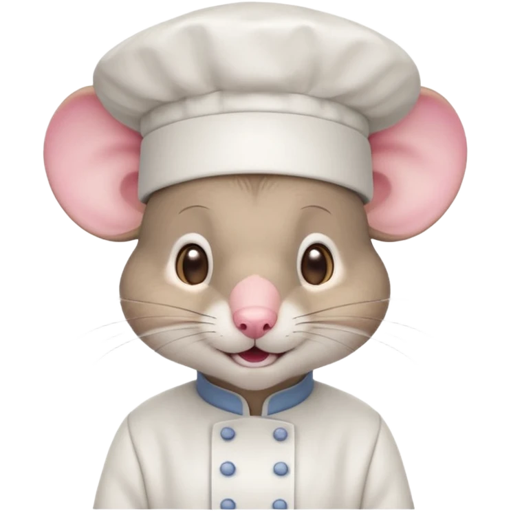gray mouse with large round ears, brown eyes, and a small pink nose, wearing a white chef’s hat and has a friendly, slightly open-mouthed expression emoji