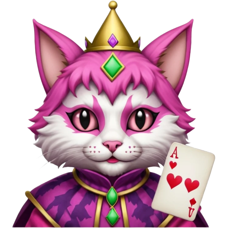 court jester cat medieval, single poker card joker clearly visible, pink, face only emoji