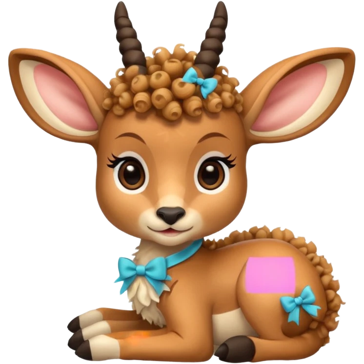 cute gazzelle with curly fur, sitting down, wearing a bow on its head. emoji