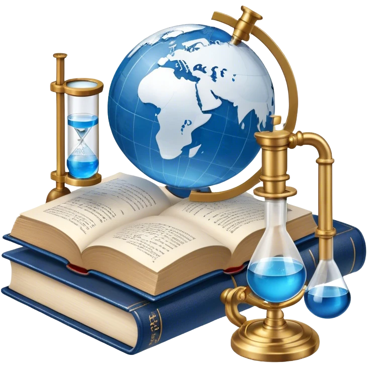 Icon for Scientific and Educational Reading: an open book with mathematical formulas, a microscope, a test tube, and a globe. The icon should represent the curiosity and knowledge found in scientific and academic books. Transparent background. emoji