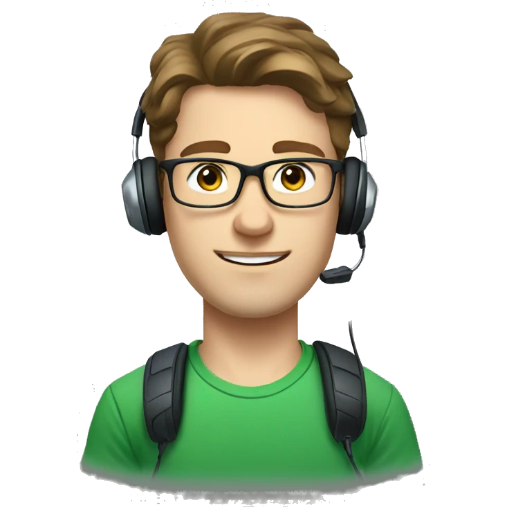 white young man with blue eyes and brown hair and square glasses wearing green t-shirt with headset emoji