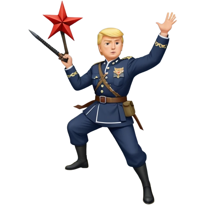 Donald J Trump Standing on top of a hill wearing a full 1940s German war uniform while throwing a ninja star that’s shaped exactly like the symbol for the Sanskrit word for “well-being” emoji