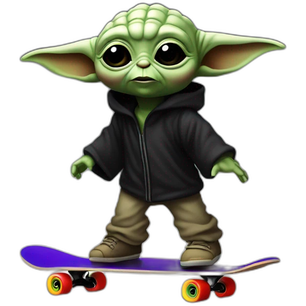bebe yoda arc-en-ciel qui fait du skate en nageant dans une mer noir emoji