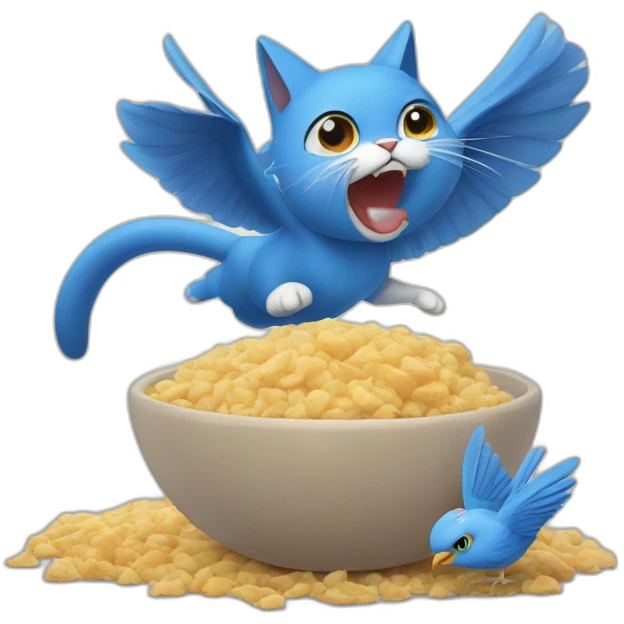 cat who is eating Tchoupi and is attacked by a blue bird emoji