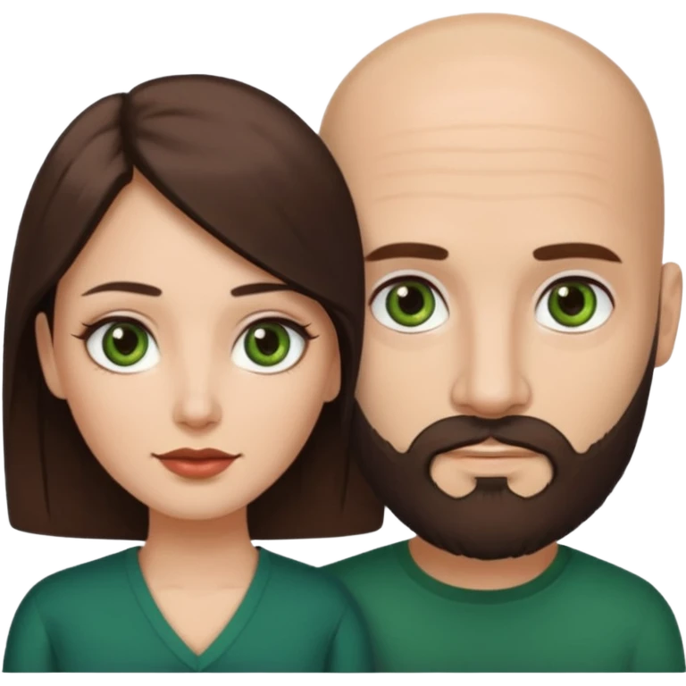 Man beard bald white dark green eyes, woman medium hair brown brown eyed latina, they have different eye color man dark green woman dark brown emoji