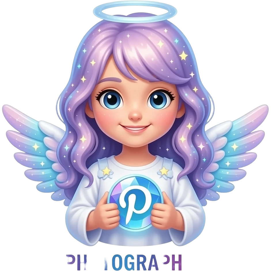 An ethereal angel, hand made of starlight holding a crystalline Pinterest logo, looking at viewer with cute smile. Text below: 'PHOTOGRAPHY?'. Glowing nebula colors, isolated on white, bold 3D icon emoji