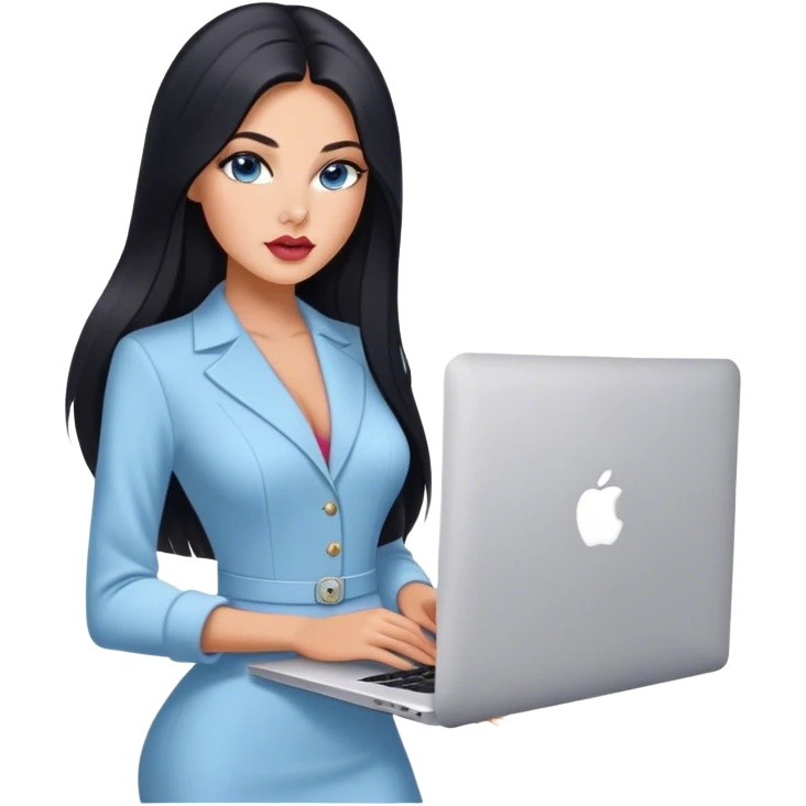 Glamours tanned very beautiful girl with pump slightly rose/nude lips and black straight smooth long hair, blue-grey eyes in beautiful clothing with MacBook. emoji