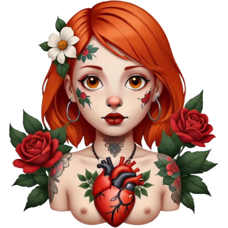 girl with fair skin, small nose, orangey red shoulder-length hair, large brown eyes, full lips, septum ring on nose and large black and white chest tattoo of anatomical heart with tattoos of flower bunches near the shoulders emoji