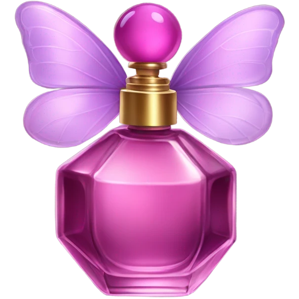 A dreamy vintage perfume bottle in dark pink, adorned with pastel violet butterfly wings. emoji