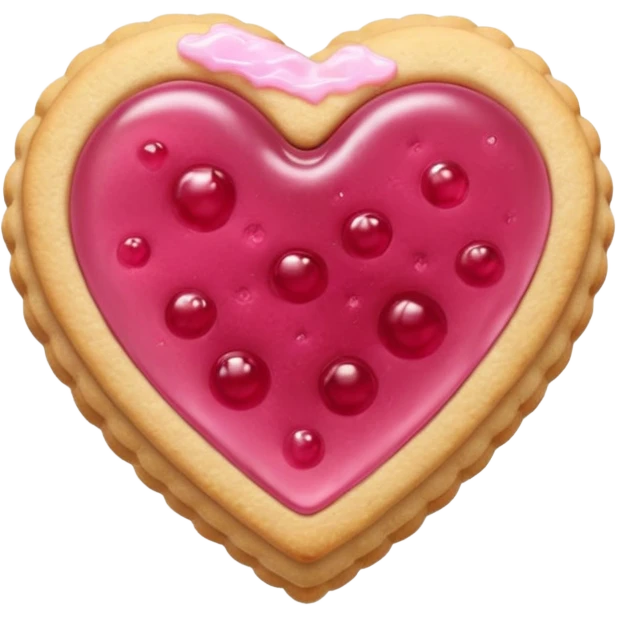 Realistic shortbread cookie in the shape of a heart with pink jelly emoji