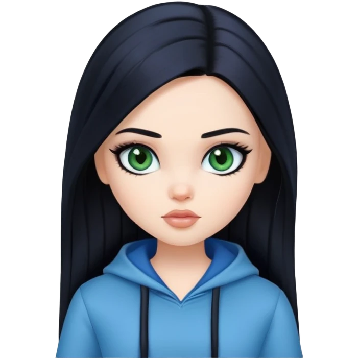 pretty bratz girl, long straight black hair, dark green eyes, black eyeliner, pale skin, blue style emoji