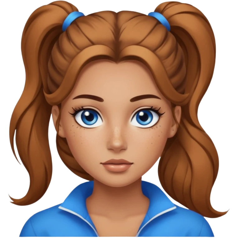 Attractive Woman with tan skin, baddie style, blue eyes, wide face, freckles, and a long voluminous ponytail and dark eye makeup emoji