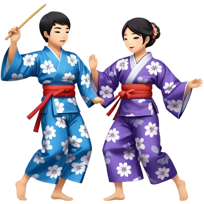 Cinematic Realistic scene of two performers engaging in Bon Odori, dressed in traditional yukata with intricate summer patterns, captured in graceful, rhythmic motion with warm, festive lighting emoji