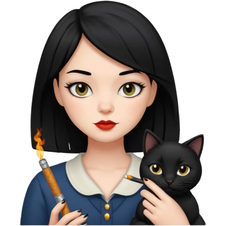 Girl with black hair and black eyes smoking with her cat emoji