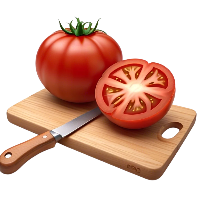Cinematic juicy ripe tomatoe, deep red, slightly dewy, arranged on a wooden cutting board, soft glowing background, rich and flavorful. emoji