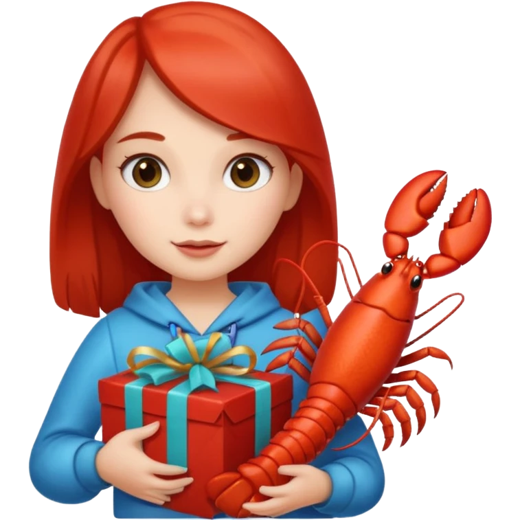 Cute girl holding gift bag with lobster inside emoji