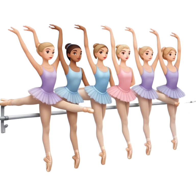 "Icon for Choreography: a group of dance students stretching, holding one hand on a long barre along the wall. The icon should capture the disciplined and graceful nature of ballet practice. Transparent background. emoji