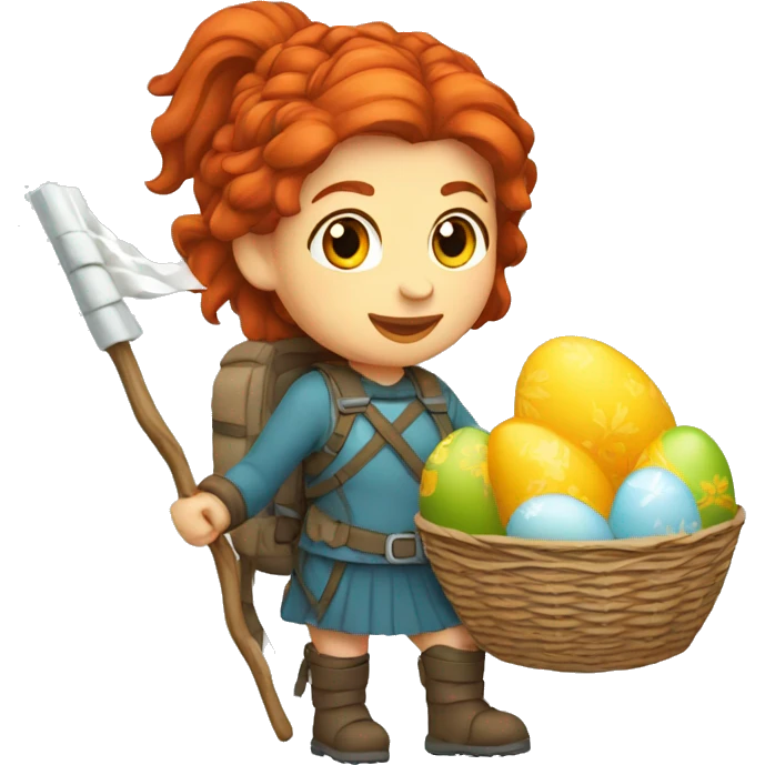 red hair female winter mountaineer with Greek flag and easter basket emoji