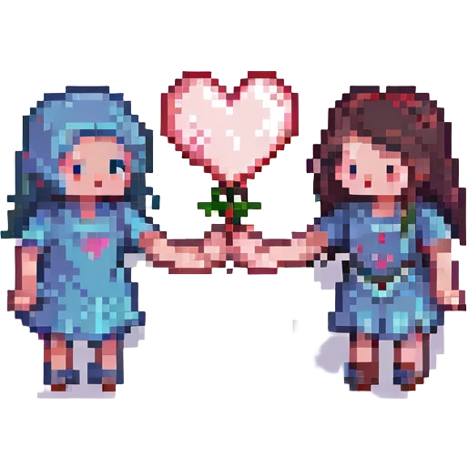 two pixelated characters holding hands under a heart, playful and cute, pixel art style emoji