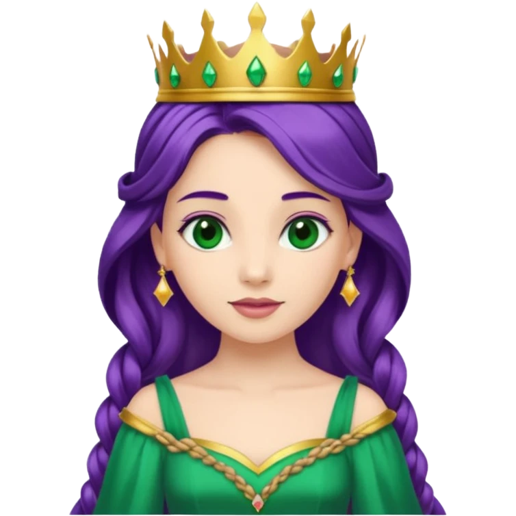 Princesses, with Gold Crown on purple braid hair, with green dress emoji