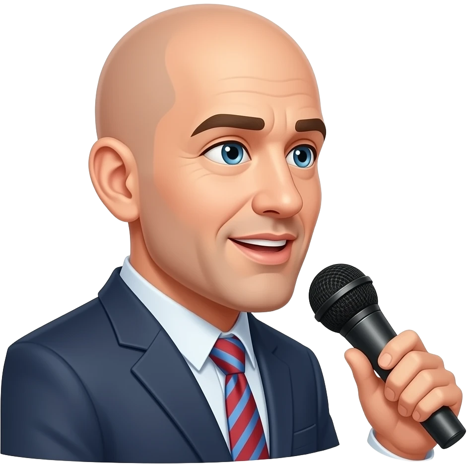 a bald man looking to the side talking to a microphone emoji