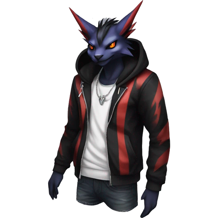 Cool Anthro Black Noivern-Absol-Litten-Pokémon with edgy stripes hoodie spiked collar punk Full Body emoji