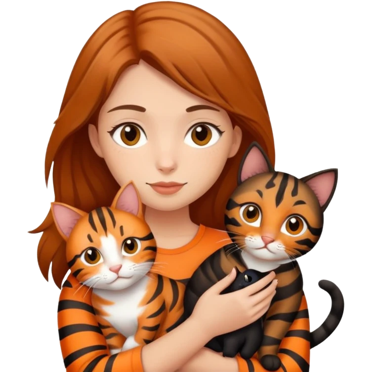 tan brown-haired girl holding two cats, one black cat and one orange tiger-striped cat emoji