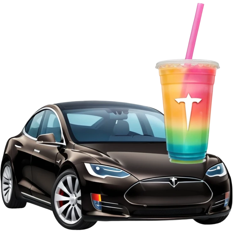 Boba tea in tesla, without a person and with the tesla logo keep the boba tea like that and make it the car and the boba tea how it was and boba tea just a little smaller to go on pinterest emoji