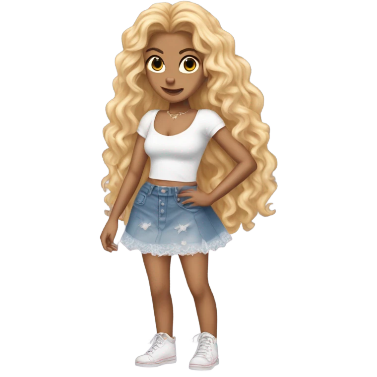 Glinda wearing ripped jeans and short skirt and a Shakira lace up croc top  emoji