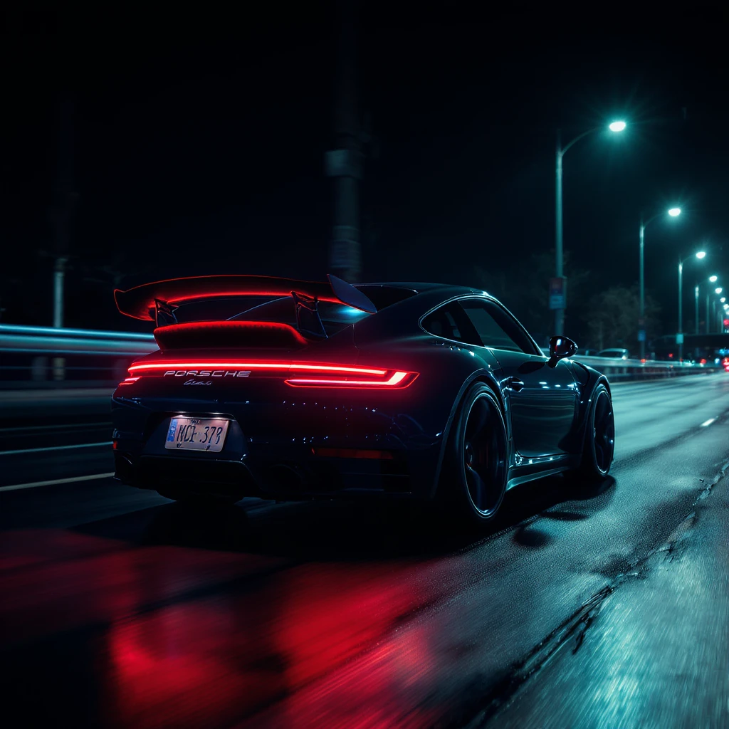 Cinematic still of a porsche 911, night photo, red lights and blue bright night  emoji