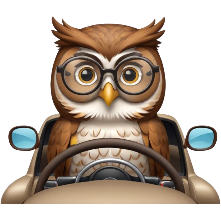 Сова в машине за рулем, в очках, с навигатором emoji
