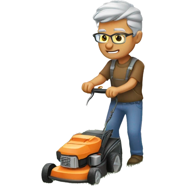 Grey haired tan Dad mowing grass emoji