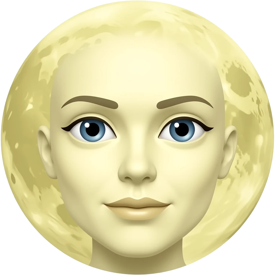 moon emoji with a FEMALE FACE. Offwhite yellow. round craters for the moons serface emoji
