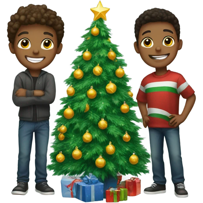 boys smiling by christmas tree emoji