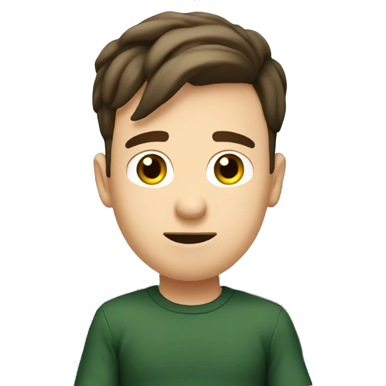 brown hair boy with dark green oversize shirt sitting in office chair, pov facecam emoji