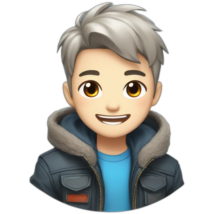 logo illustrated boy laughing out loud, chibi anime style, head and shoulders only, red cheeks, light brown eyes, short gray hair, cyberpunk jacket with blue colors, flashing background. emoji