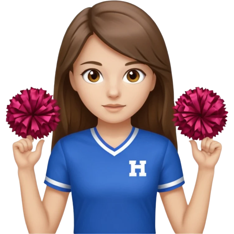 brown hair, hazel eyes, blue athletic cheerleading shirt, strait long hair girl emoji