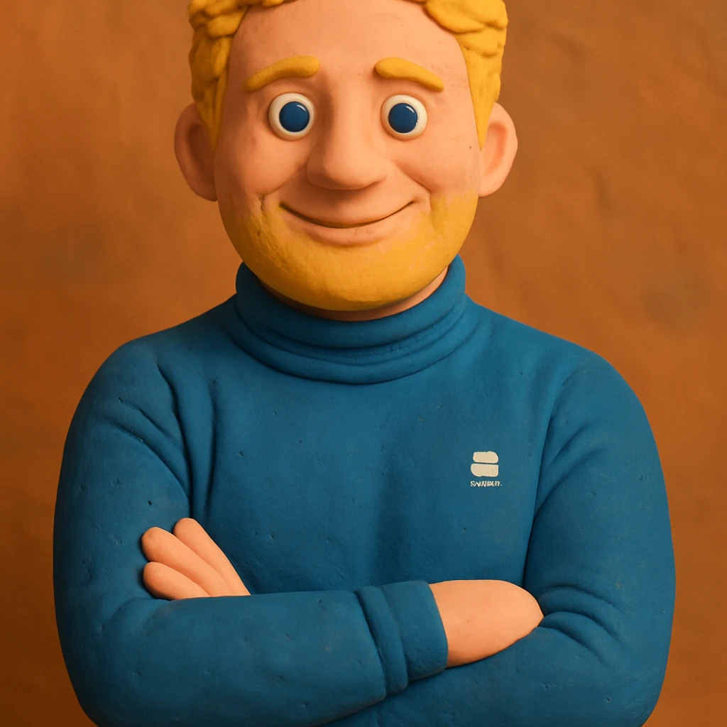 claymation style portrait inspired by Gerard Butler, weniger Falten, Haare mehr blond, Gesichtsausdruck freundlicher und leicht lächelnd, der ganze Kopf inklusive Haare soll vollständig dargestellt werden emoji