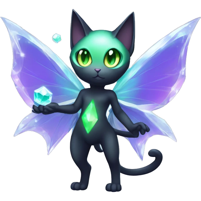 Shiny, Sparkly, Black Dark-type-Fairy-Type-Psychic-Ice-type-Fakémon-Cat Purple eyes, green gem, full body emoji