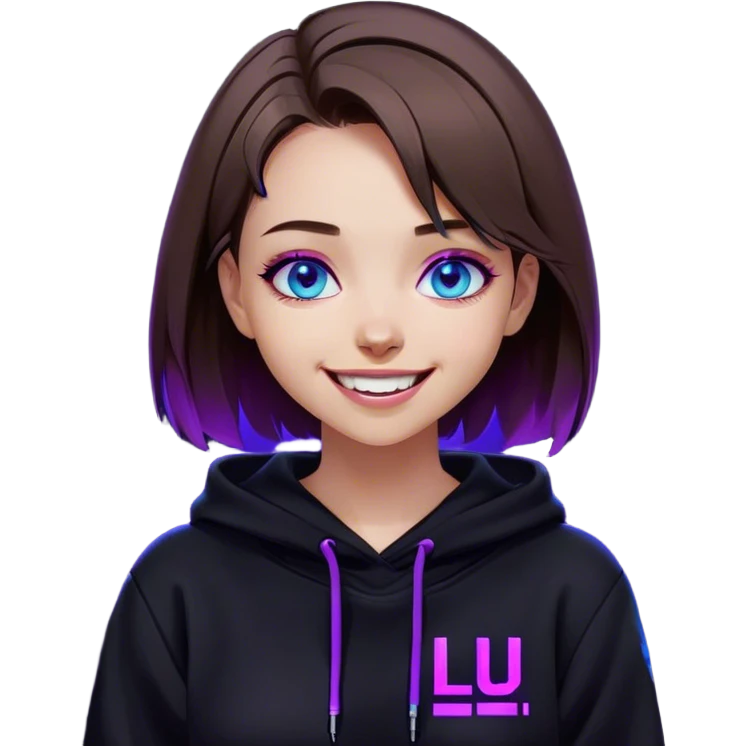 brown haired girl with a bob and blue eyes wearing black hoody with violet letters "Lu", laughs. Cyberpunk style. Violet neon. emoji