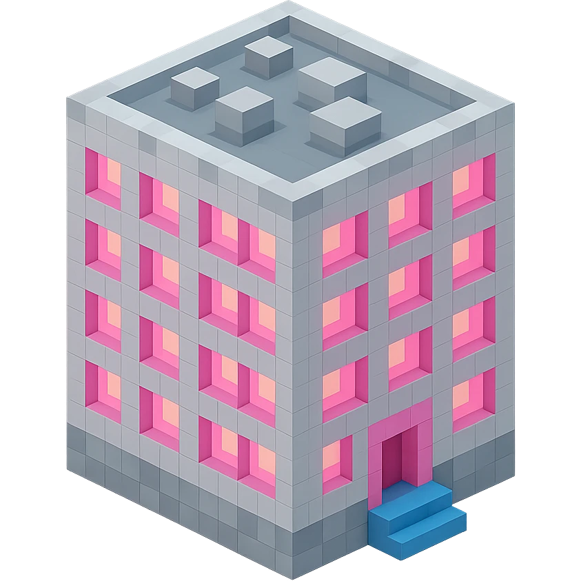 Russian panel apartment building, compact square block, light gray, pink glowing windows, isometric view emoji