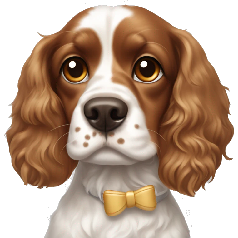 cocker spaniel king charles mix dog with brown freckles on her nose and a white bow in her hair emoji