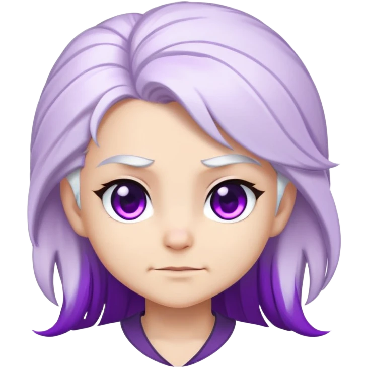 Chibi Sable Ward with smirk expression, confident side smile, raised eyebrow, white hair with purple streaks, fully purple eyes, smug look emoji