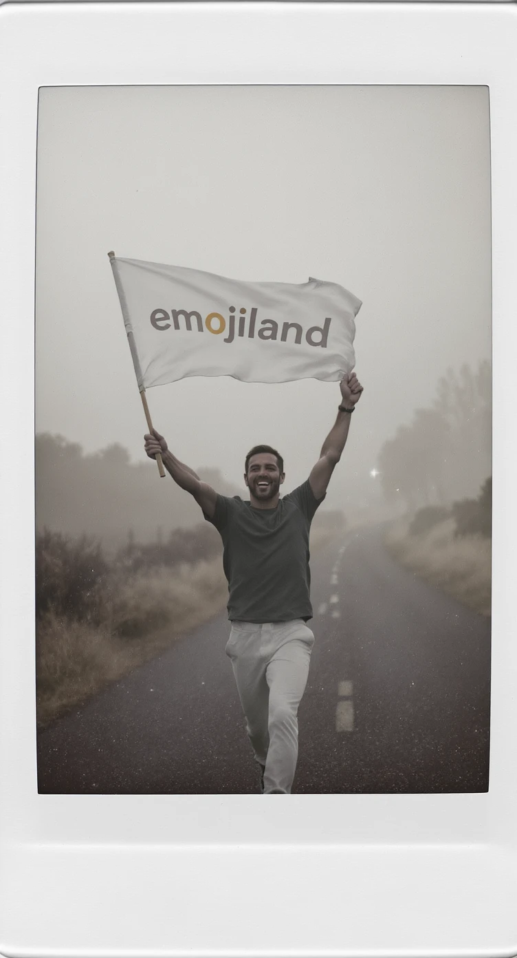 happy runner waving a flag that says 'emojiland' emoji