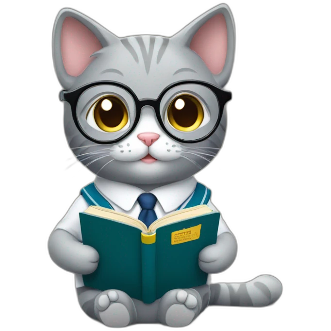 Cute grey cat in school uniform and glasses reading a book emoji