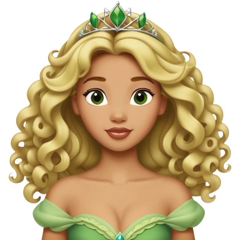 Disney Princess Tiana with extremely long blonde curly hair, green dress emoji