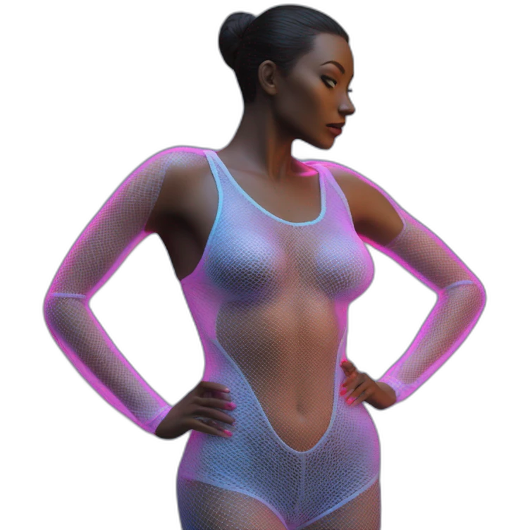 Hyper-realistic neon sculpture showing tall sultry fitness model in mesh bodysuit from behind emoji