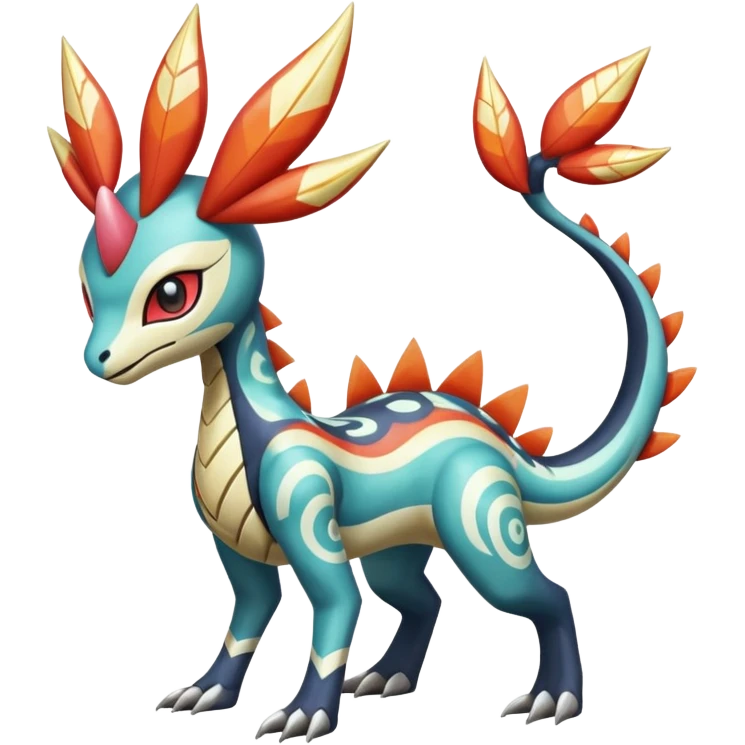 zig-zag-patterned clownish colorful exotic fruity tribal tropical hot swirl-marked Meloetta-Dialga-Salamence-Giratina-Noivern-Pokémon-Fakémon-fusion-hybrid-creature emoji